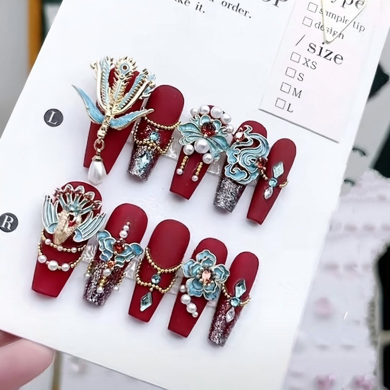 Chinese Red Phoenix & Peacock Blue Press-on Nails