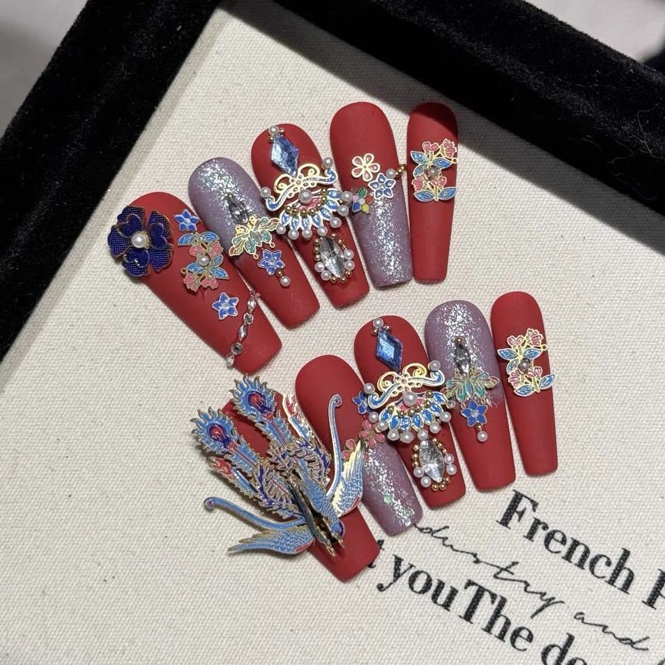 Chinese Red 3D Peacock Blue Press-on Nails