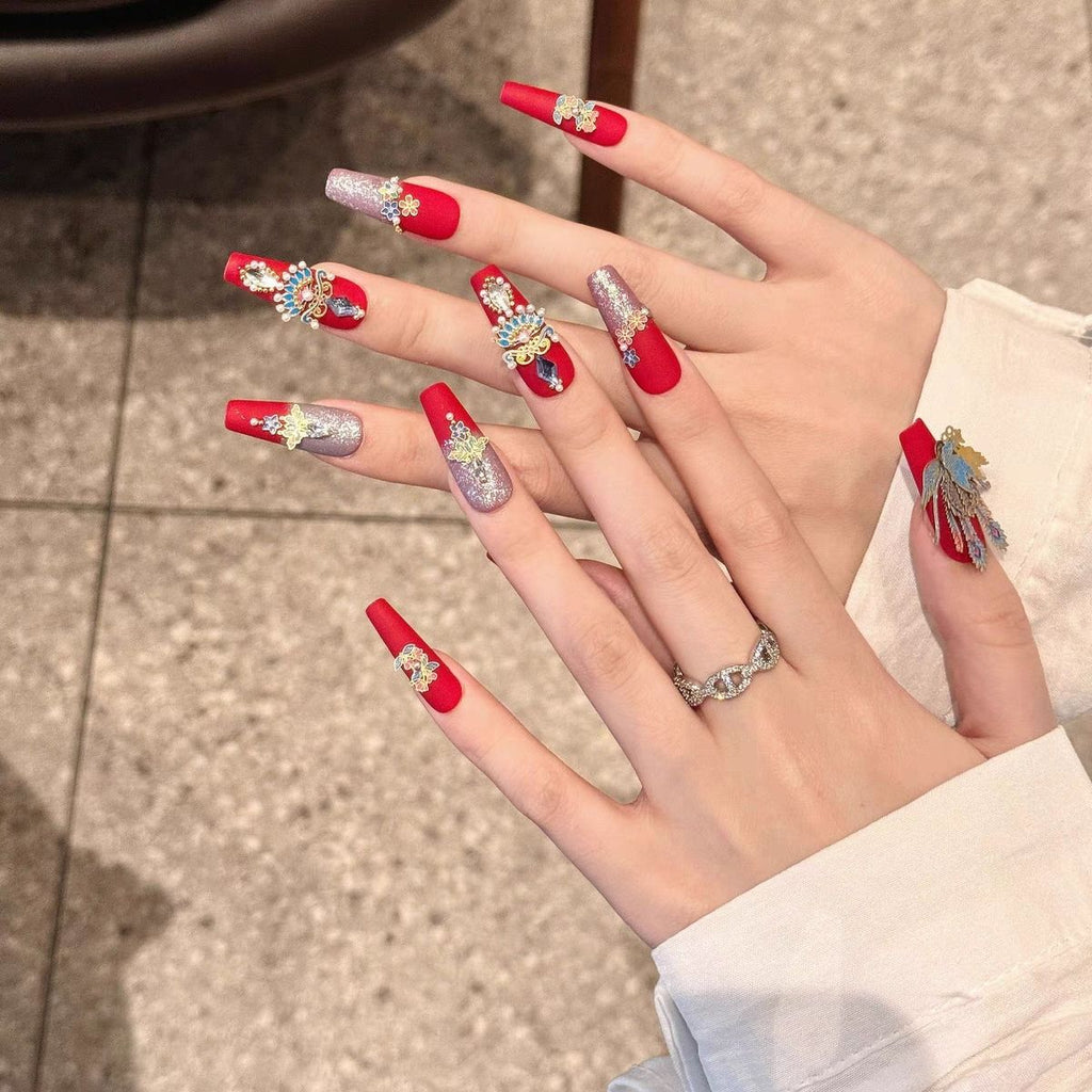 Chinese Red 3D Peacock Blue Press-on Nails