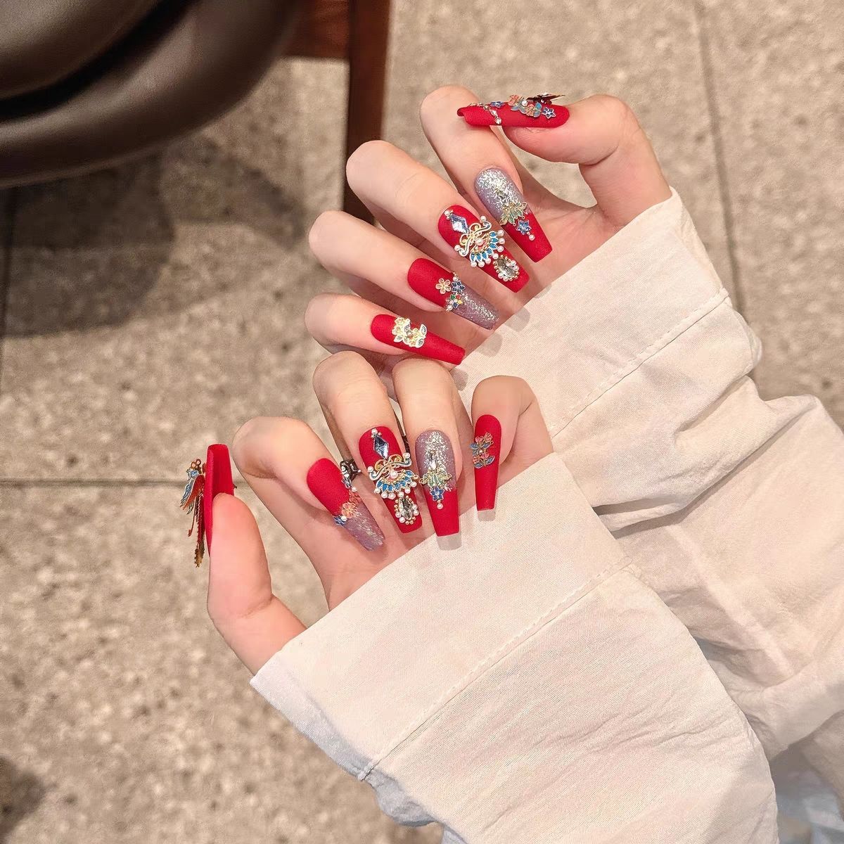 Chinese Red 3D Peacock Blue Press-on Nails