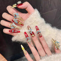 Gold-stamped Red Cat-eye Press-on Nails