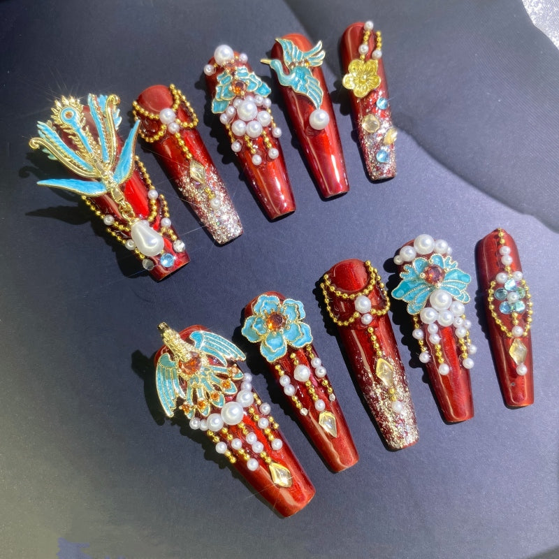 Festive Phoenix Peacock Blue 3D Press-on Nails