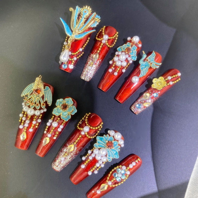 Festive Phoenix Peacock Blue 3D Press-on Nails