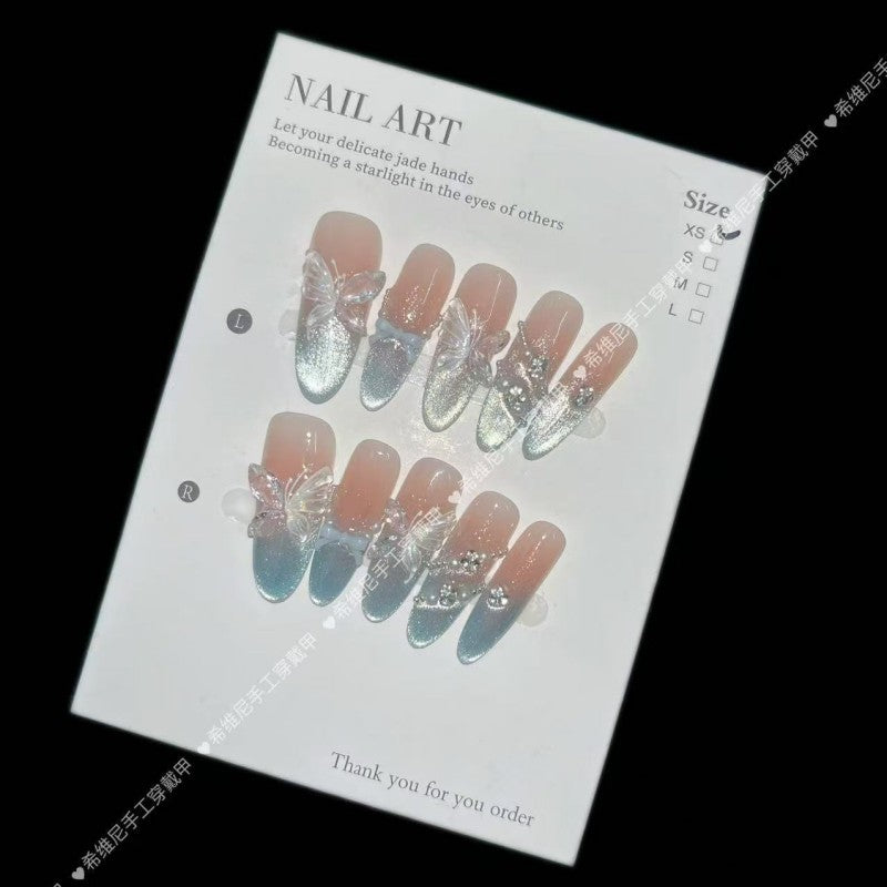 Ice-Flower Butterfly Cat-Eye Press-on Nails