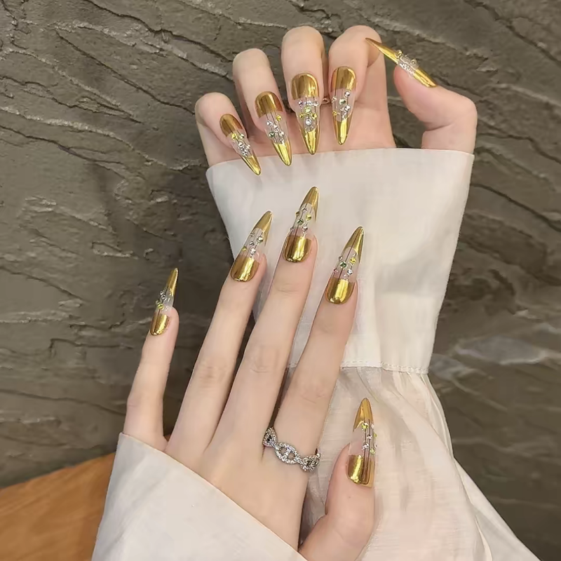 Gold Rhinestone-Embellished Press-On Nails