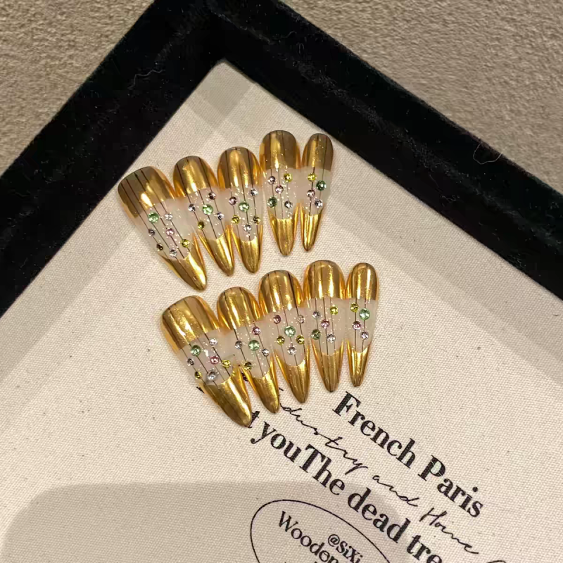 Gold Rhinestone-Embellished Press-On Nails