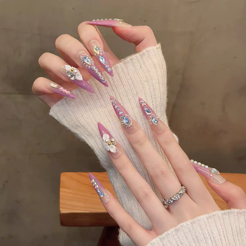 Full Rhinestone Floral Press-On Nails