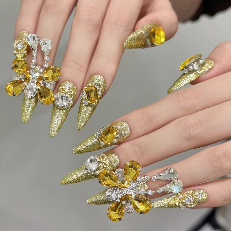 Full Rhinestone Gold Butterfly Press-On Nails