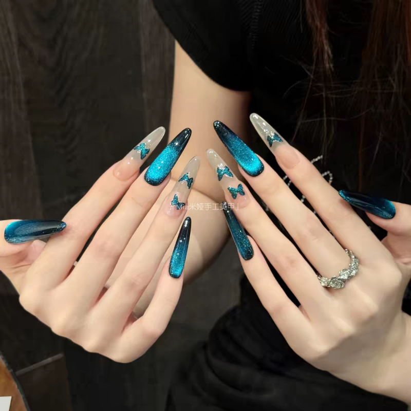 Blue Cat-Eye Press-On Nails