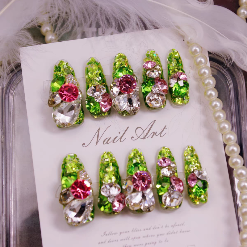 Greenery Fantasy Rhinestone Press On Nails