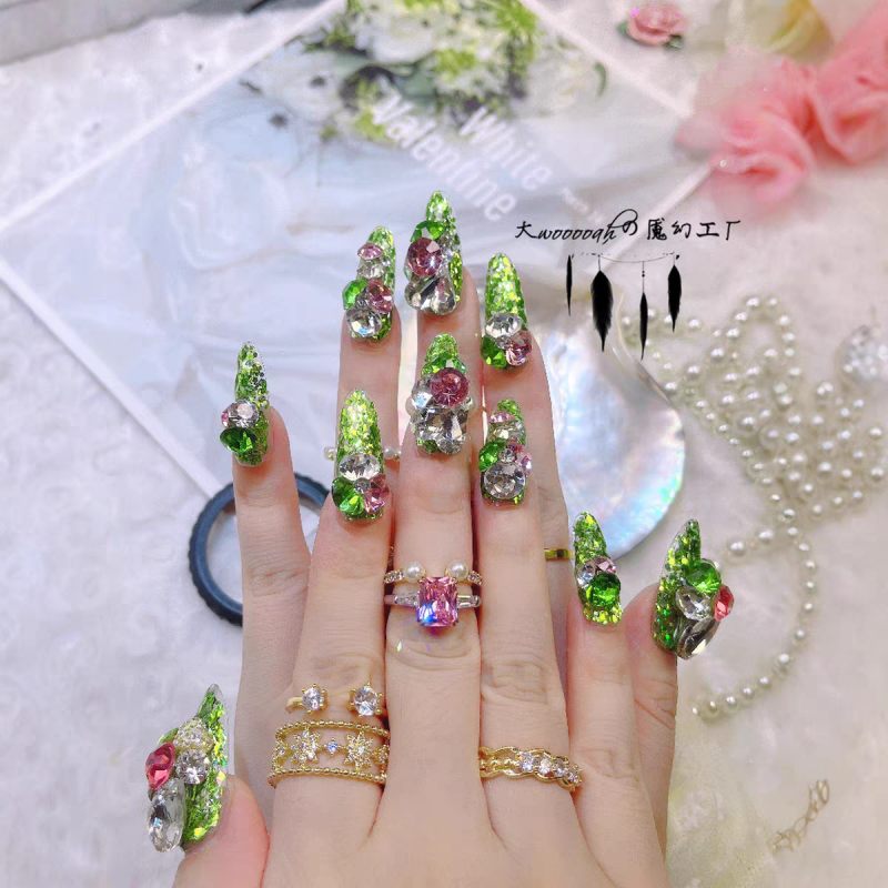 Greenery Fantasy Rhinestone Press On Nails