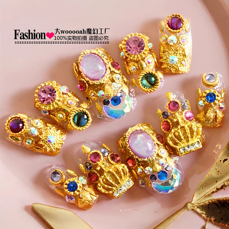 Gold Inlaid Colorful Jade Press On Nails