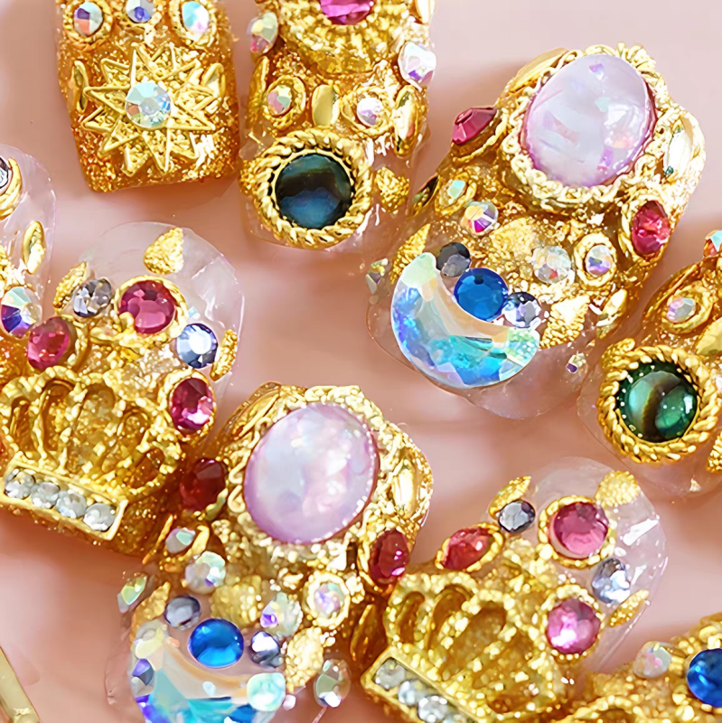 Gold Inlaid Colorful Jade Press On Nails