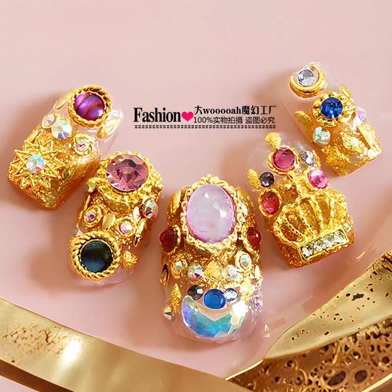 Gold Inlaid Colorful Jade Press On Nails