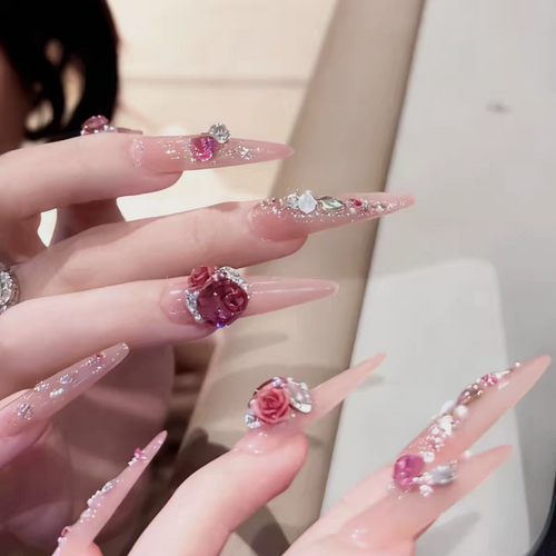 3D Rose Nude Press On Nails